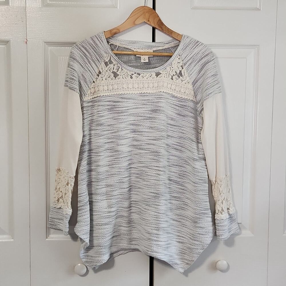 Style & Co Womens Gray White Marled Lace Mixed Media Top Size SM Boho Shark Bite